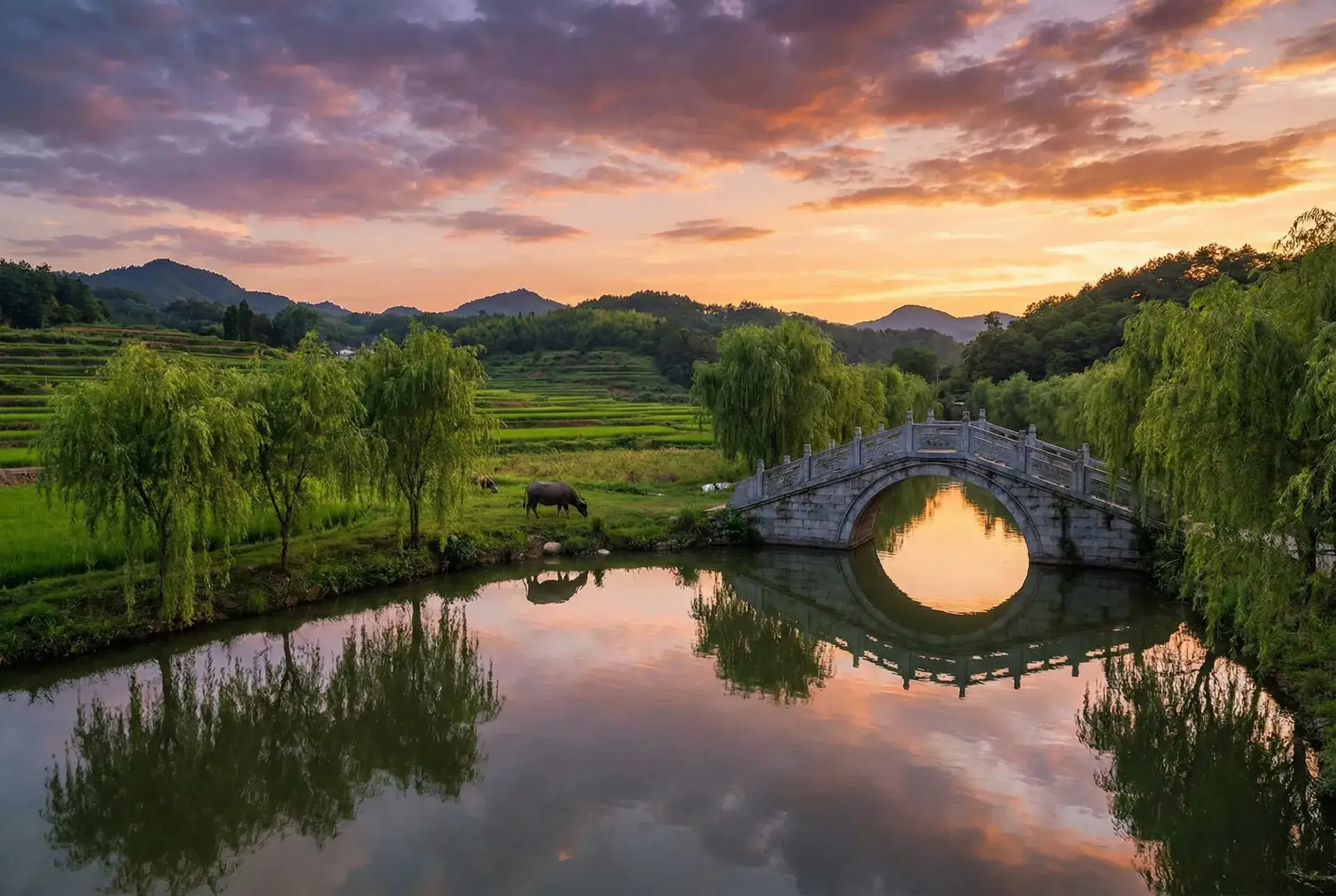 夕阳下的石拱桥与垂柳，水牛在河边吃草 - 裸体美女 乡村美景
